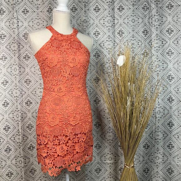 Lulus Orange Crochet Lace Halter Mini Dress Floral Overlay Bodycon Cocktail XS - Picture 1 of 6